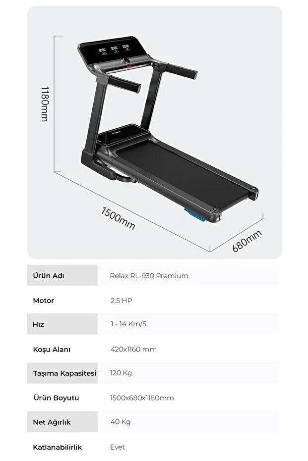 Relax Premium 14 Km Hız Bluetoothlu Katlanabilir Yürüme Ve Koşu Bandı 2.5 Hp Motor RL-930